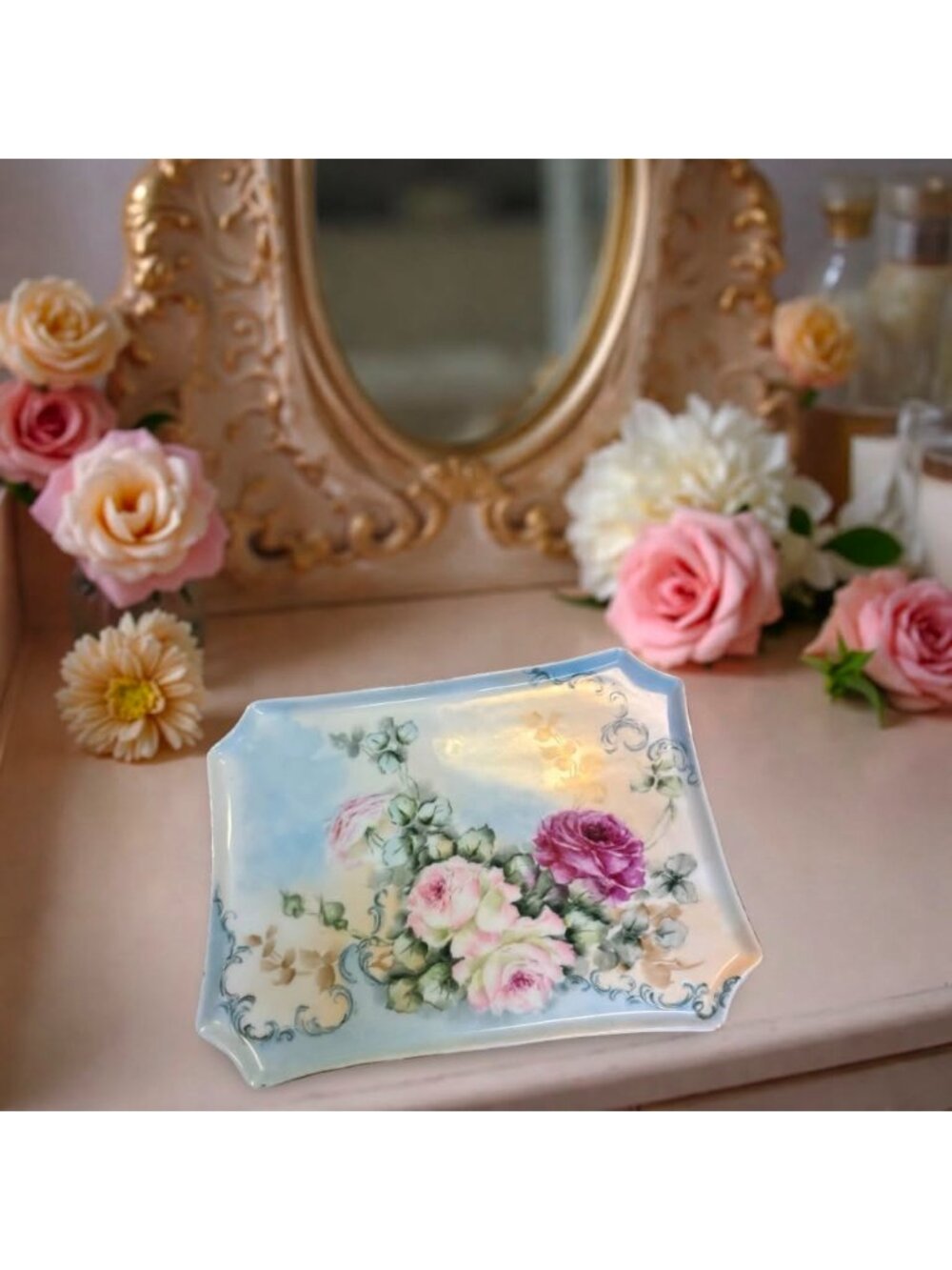 Antique Hand Painted Limoges France Porcelain Tray | Pink & Purple Roses | Frenc